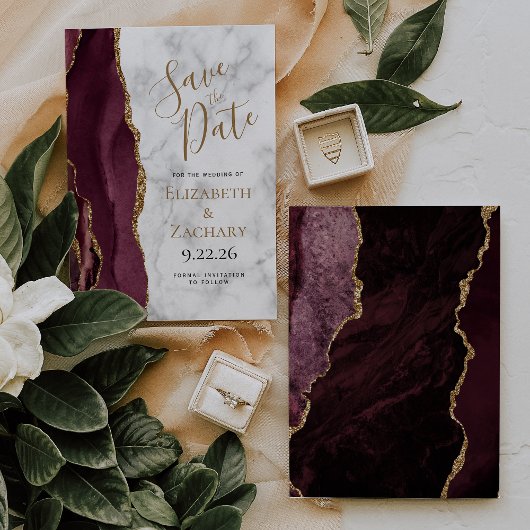 Burgundy Gold Agate Marble Save the Date Card Einladung