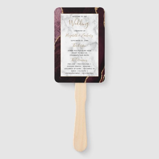 Burgundy Gold Agate Marble Wedding Program Fächer (Vorderseite)