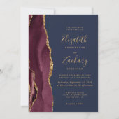 Burgundy Gold Agate Navy Blue QR Code Hochzeit Einladung (Vorderseite)