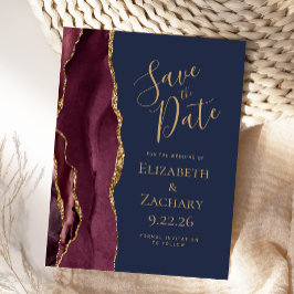 Burgundy Gold Agate Navy Blue Save the Date Ankündigungspostkarte