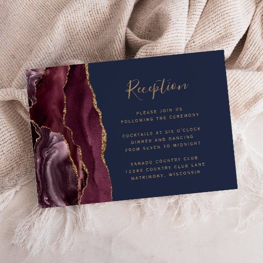 Burgundy Gold Agate Navy Blue Wedding Empfang Begleitkarte