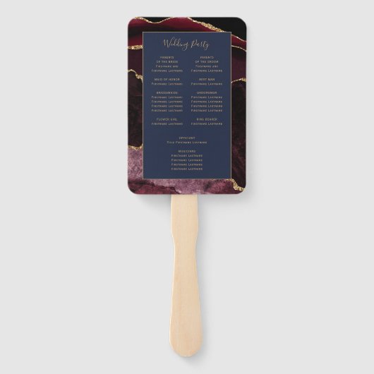 Burgundy Gold Agate Navy Blue Wedding Program Fächer (Rückseite)