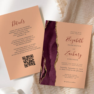 Burgundy Gold Agate Peach QR Code Hochzeit Einladung