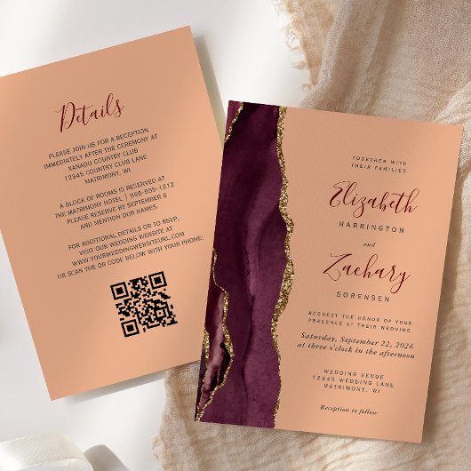 Burgundy Gold Agate Peach QR Code Hochzeit Einladung