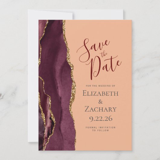 Burgundy Gold Agate Peach Save the Date Ankündigung (Vorderseite)