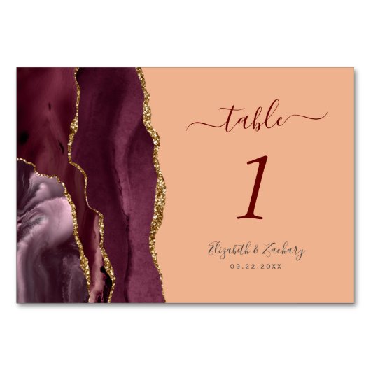 Burgundy Gold Agate Peach Wedding Tischnummer (Vorderseite)