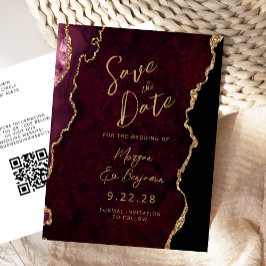 Burgundy Gold Agate QR Code Save the Date Ankündigungspostkarte