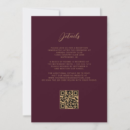 Burgundy Gold Agate QR Code Wedding Einladung (Rückseite)