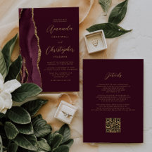 Burgundy Gold Agate QR Code Wedding