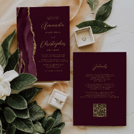 Burgundy Gold Agate QR Code Wedding Einladung