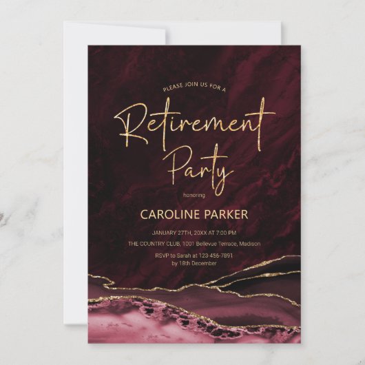 Burgundy Gold Agate Retirement Party Einladung (Vorderseite)