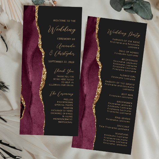 Burgundy Gold Agate Script Dark Wedding Program