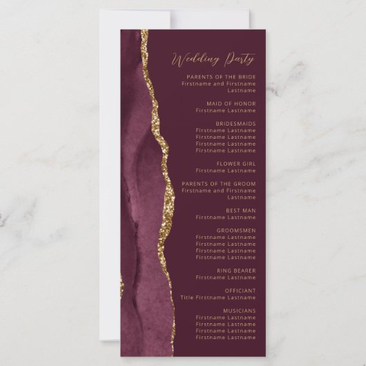 Burgundy Gold Agate Script Wedding Programm (Rückseite)