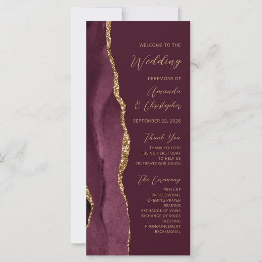 Burgundy Gold Agate Script Wedding Programm (Vorderseite)