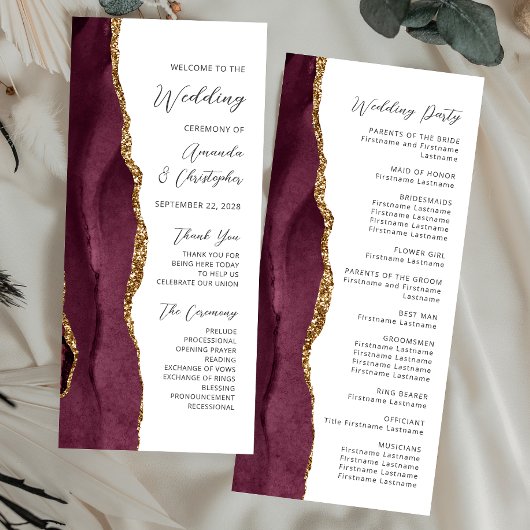 Burgundy Gold Agate Script Wedding Programm