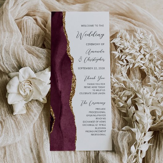 Burgundy Gold Agate Script Wedding Programm