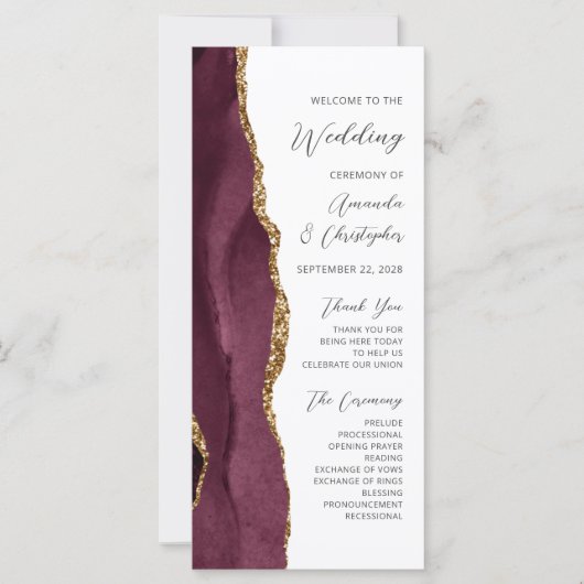 Burgundy Gold Agate Script Wedding Programm (Vorderseite)