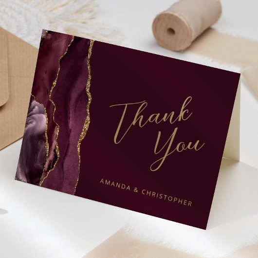Burgundy Gold Agate Script Wedding Vielen Dank Karte