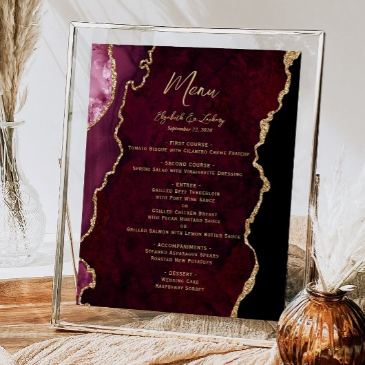 Burgundy Gold Agate Wedding Table Menü Poster