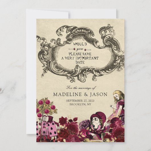 Burgundy Gold Alice im Wunderland Wedding Save The Date (Vorderseite)