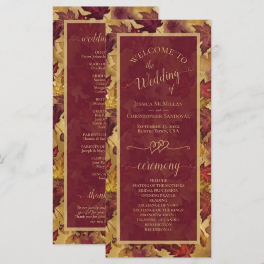 Burgundy & Gold Autumn Leaves Elegant Wedding Programm (Vorne/Hinten)