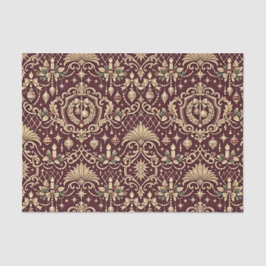 Burgundy Gold Baroque Christmas Ornament Pattern Seidenpapier (Vorderseite)