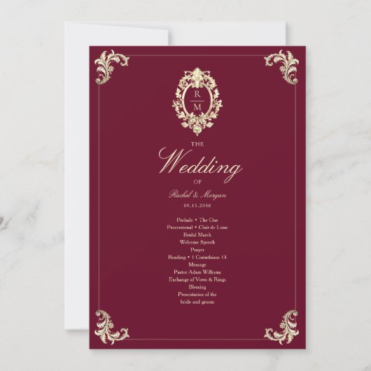 Burgundy Gold Baroque Wedding Ceremony Program (Vorderseite)