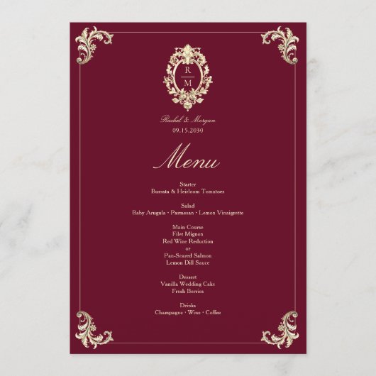Burgundy Gold Baroque Wedding Reception Menükarte (Vorderseite)