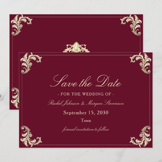 Burgundy Gold Baroque Wedding Save The Date (Vorne/Hinten)