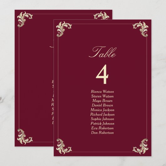 Burgundy Gold Baroque Wedding Seating Chart (Vorne/Hinten)