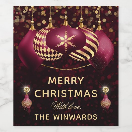 Burgundy & Gold Baubles Frohe Weihnachten Weinetikett (Einzelnes Label)