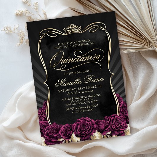 Burgundy Gold Black Quinceñera Einladung