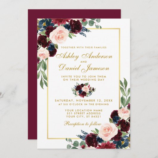 Burgundy Gold Blue Floral Wedding Einladung (Vorne/Hinten)