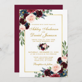 Burgundy Gold Blue Floral Wedding Einladung