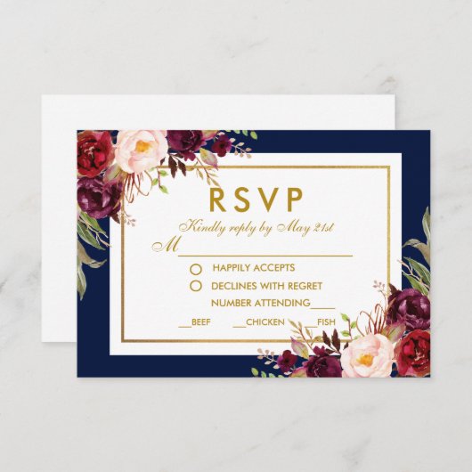 Burgundy Gold Blue Floral Wedding RSVP (Vorne/Hinten)