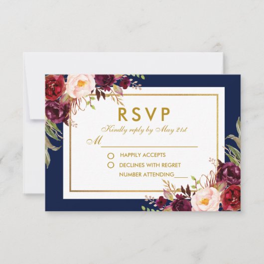 Burgundy Gold Blue Watercolor Floral Wedding RSVP (Vorderseite)