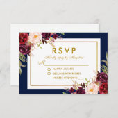 Burgundy Gold Blue Watercolor Floral Wedding RSVP (Vorne/Hinten)