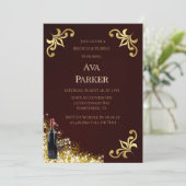 Burgundy Gold Blühte Glitzer Brunch & Bubbly Einladung (Stehend Vorderseite)