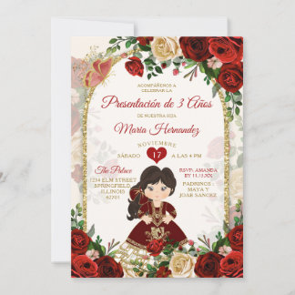 Burgundy Gold Boho Spanish Girl Tres Añ os Floral Einladung