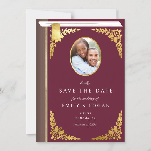 Burgundy Gold Book Wedding Save The Date Card Magneteinladung (Vorderseite)