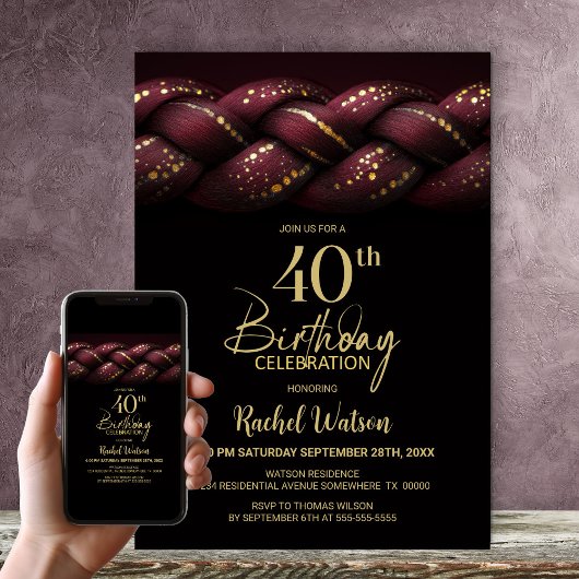 Burgundy Gold Braid 40. Geburtstag Party Einladung