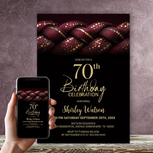 Burgundy Gold Braid 70. Geburtstagsparty Einladung