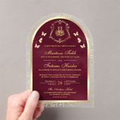 Burgundy Gold Butterfly Arch Muslime Hochzeit Acryleinladungen (Insitu (Handheld))