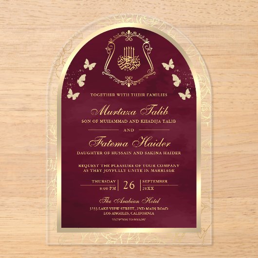 Burgundy Gold Butterfly Arch Muslime Hochzeit Acryleinladungen (Vorderseite)