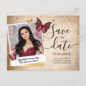 Burgundy Gold Butterfly Quince Foto Save the Date Ankündigungspostkarte (Vorderseite)