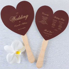 Burgundy Gold Calligraphy Heart Wedding Program Fächer