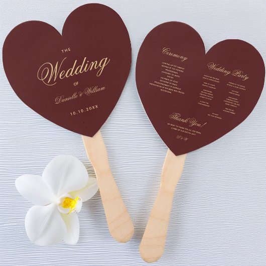 Burgundy Gold Calligraphy Heart Wedding Program Fächer