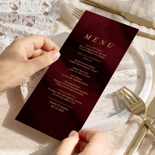 Burgundy & Gold Calligraphy Wedding Menu Menükarte