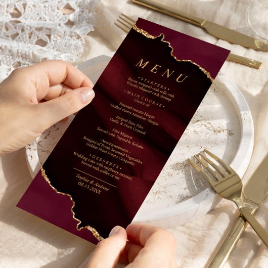 Burgundy Gold Calligraphy Wedding Menu Menükarte