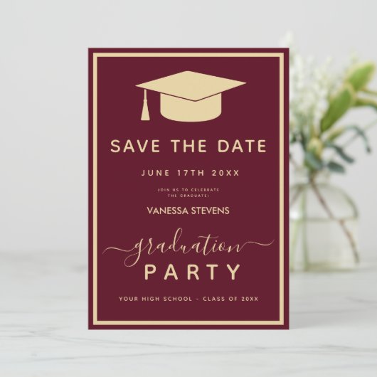 Burgundy Gold Classic Abschluss Save the Date (Stehend Vorderseite)